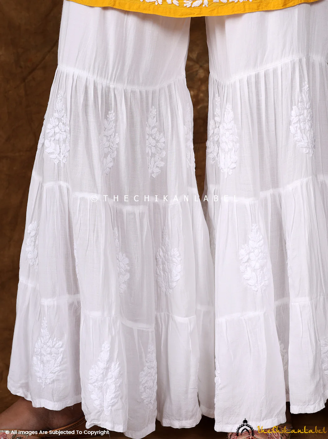 White Rawiya Muslin Three Layer Chikankari Garara - Image 9