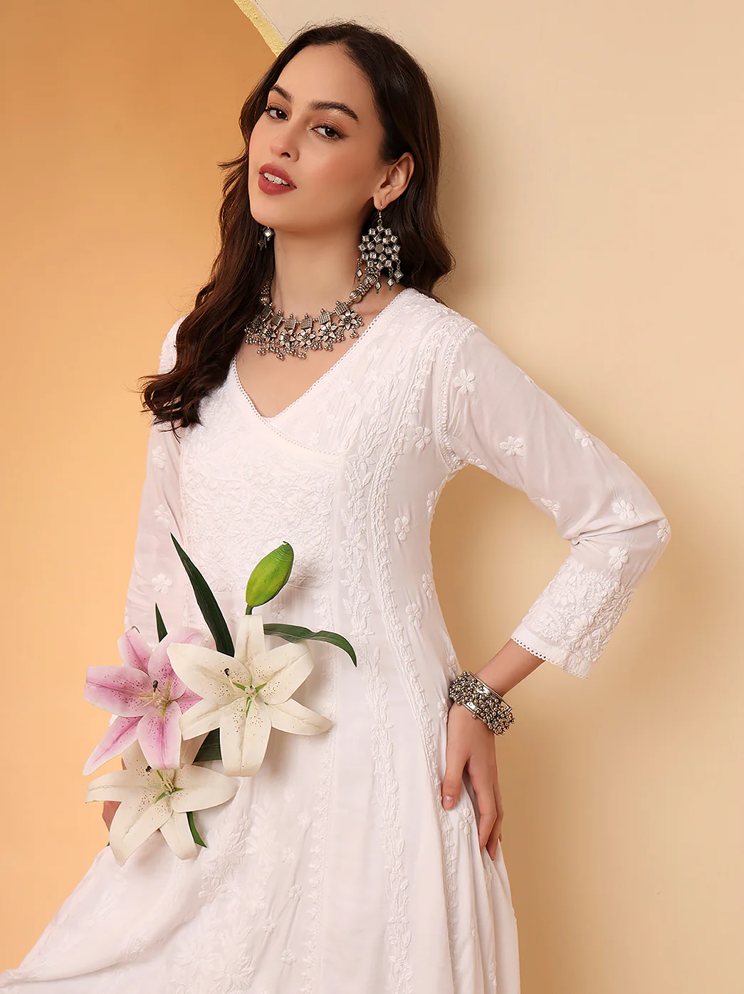 White Ridhima Modal Chikankari Angrakha - Image 4