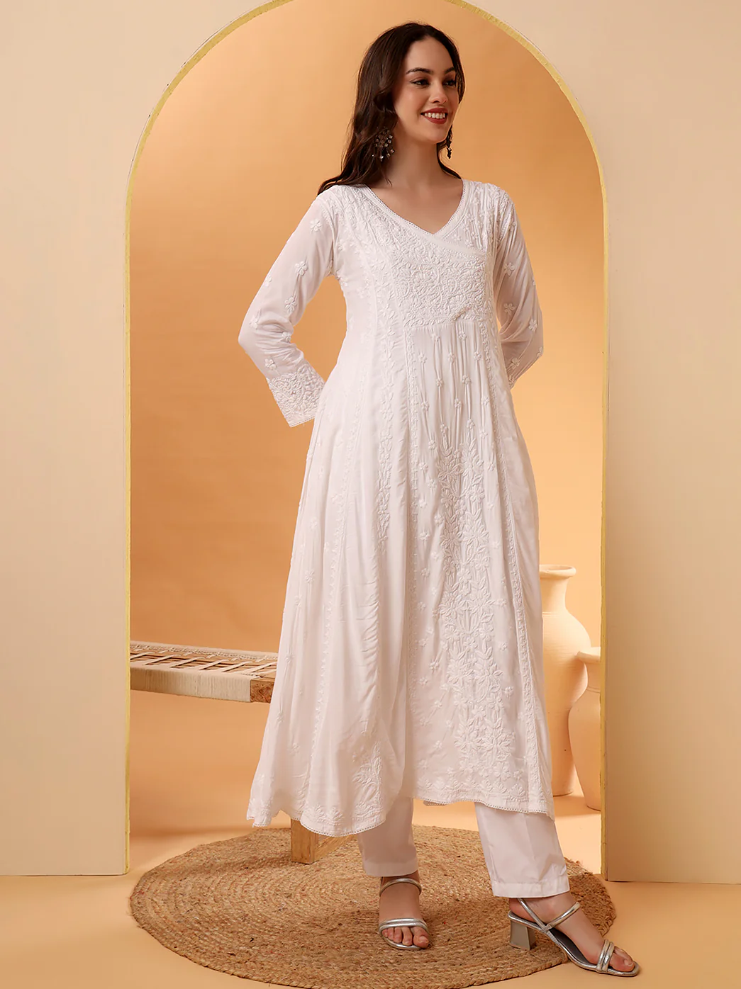 White Ridhima Modal Chikankari Angrakha - Image 6