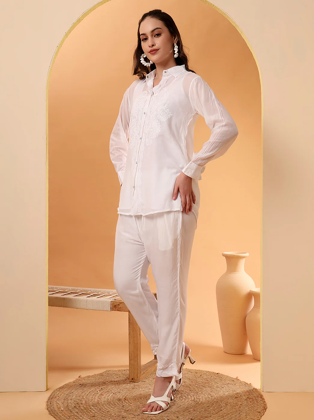 White Riha Muslin Chikankari Co-ord Set - Image 4