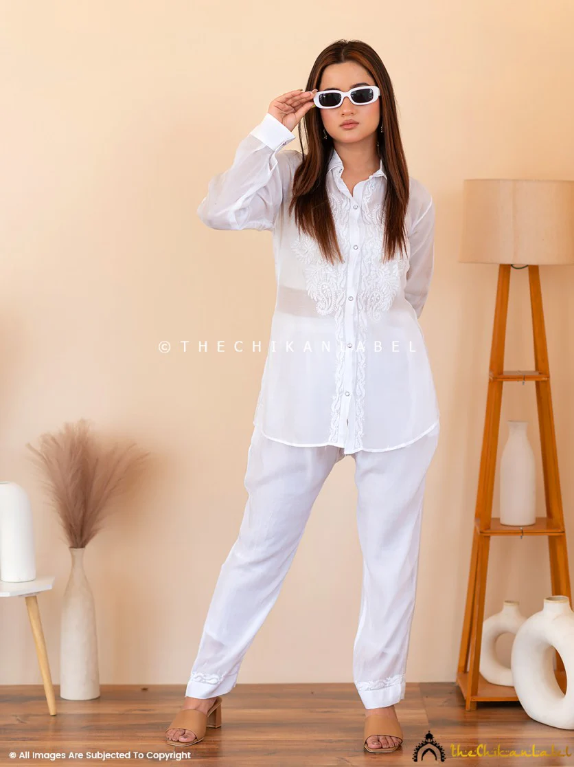 White Riha Muslin Chikankari Co-ord Set - Image 8