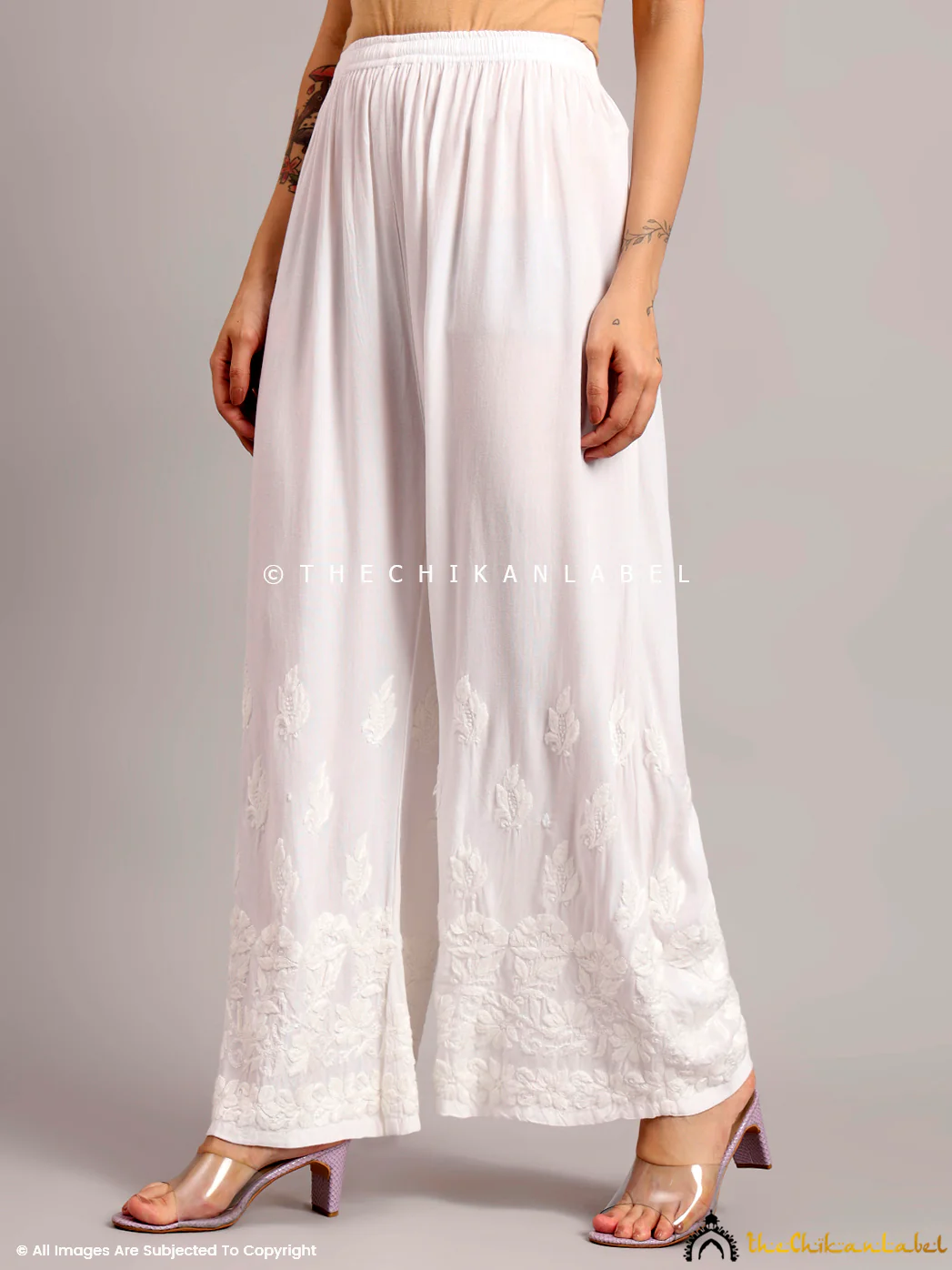 Rushda Rayon Chikankari Straight Palazzo - White - Image 3