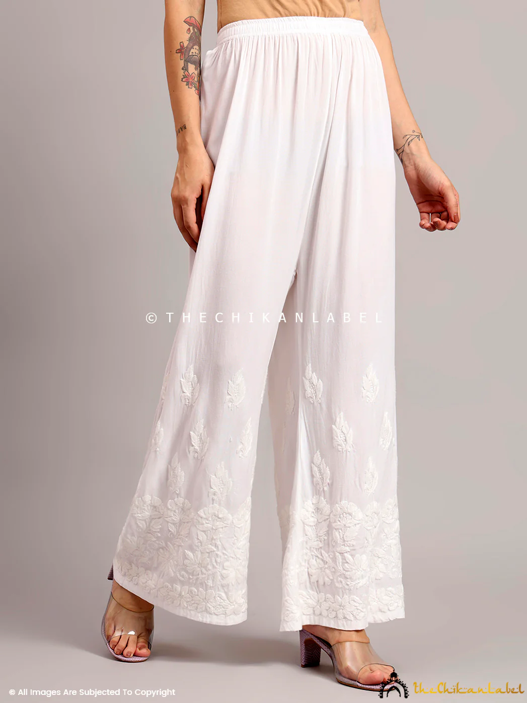 Rushda Rayon Chikankari Straight Palazzo - White - Image 4