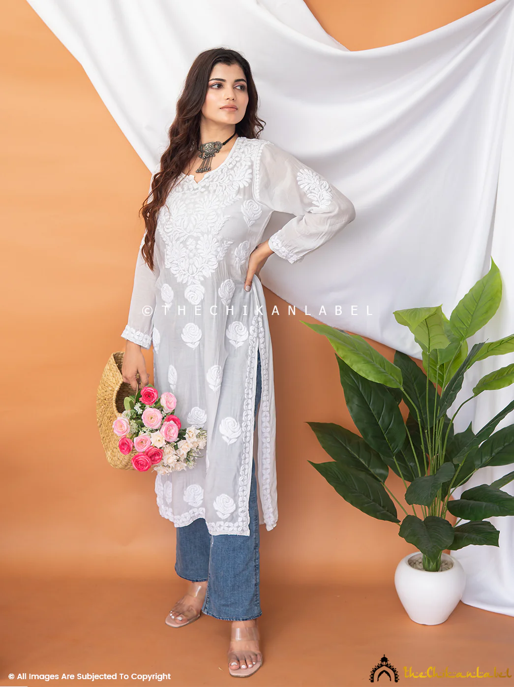 Sama Muslin Chikankari Straight Kurti - White - Image 4