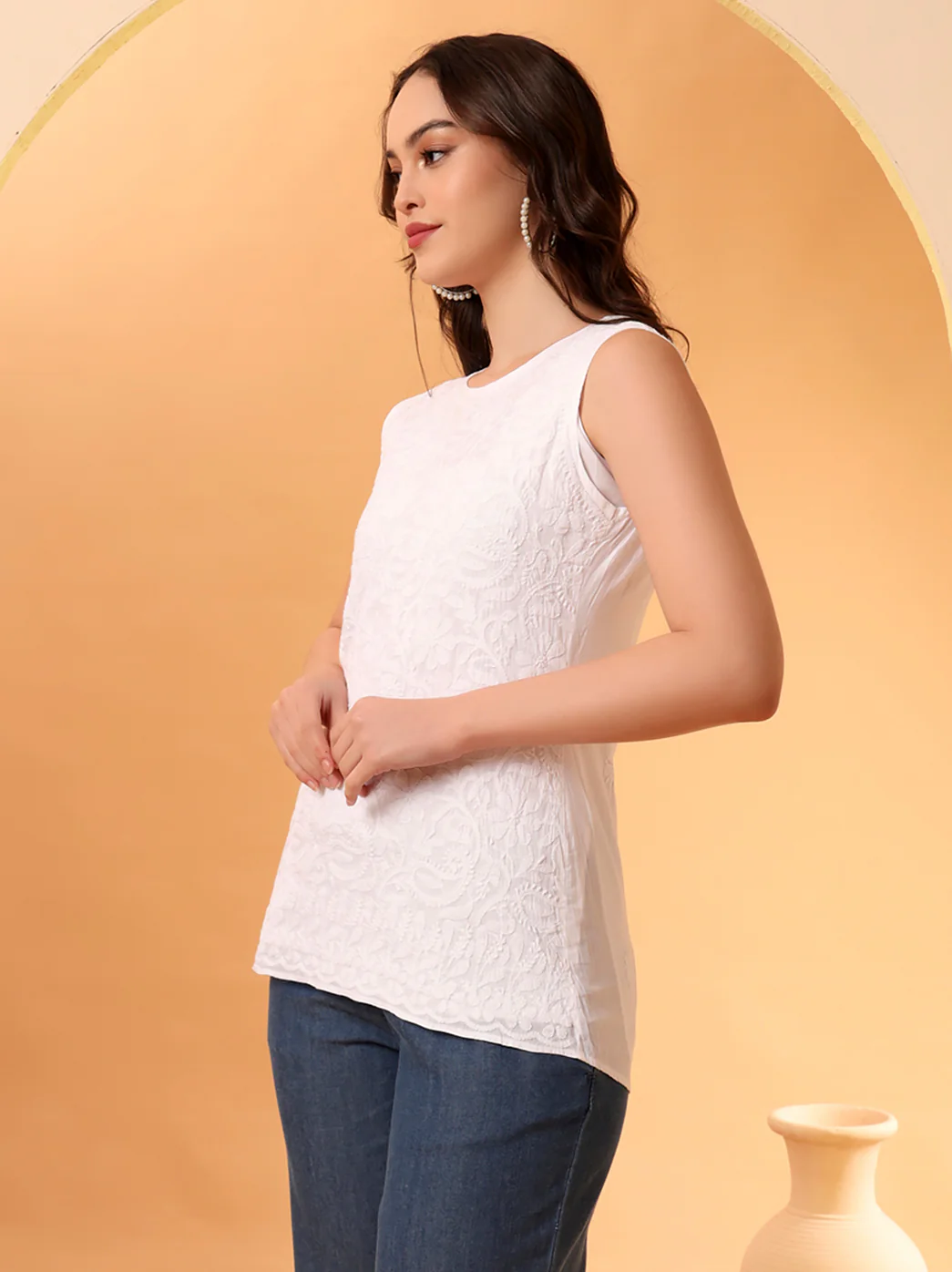 White Samiya Mulmul Chikankari Sleeveless Top - Image 4