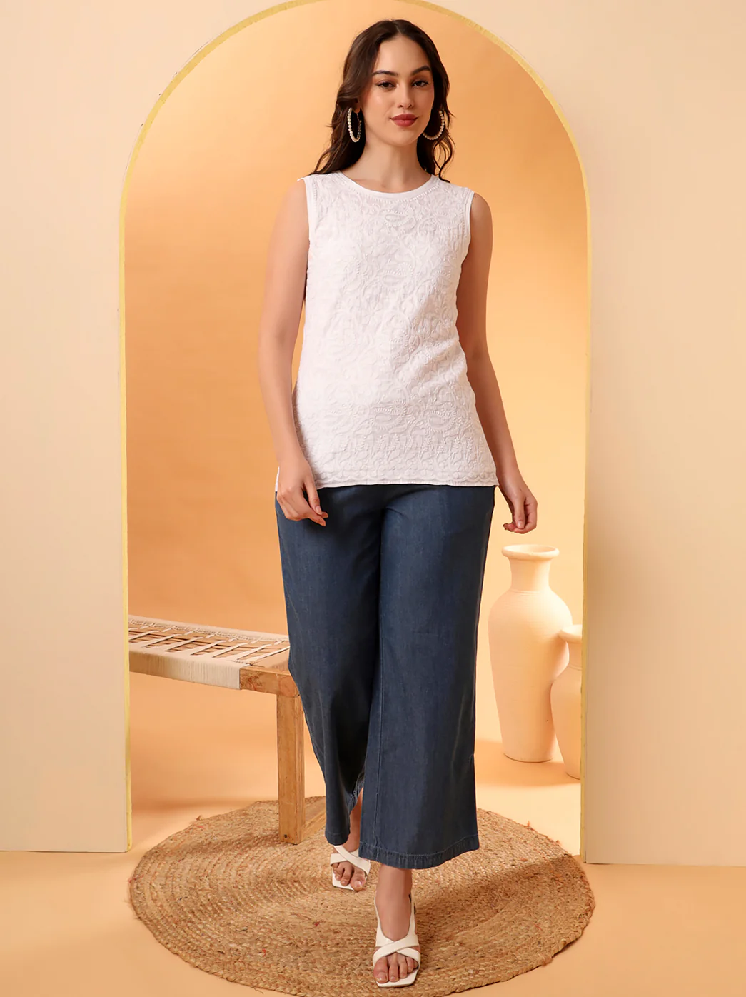 White Samiya Mulmul Chikankari Sleeveless Top - Image 5