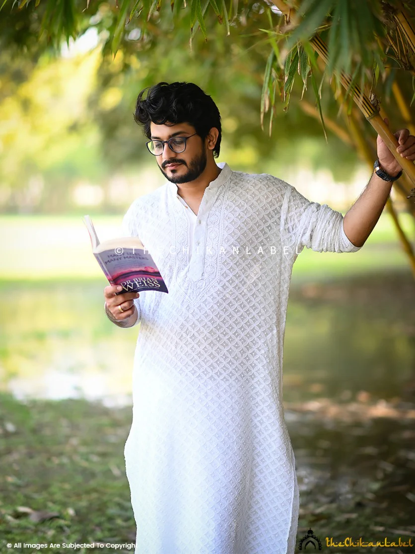 White Shaan Viscose Mens Chikankari Kurta - Image 3