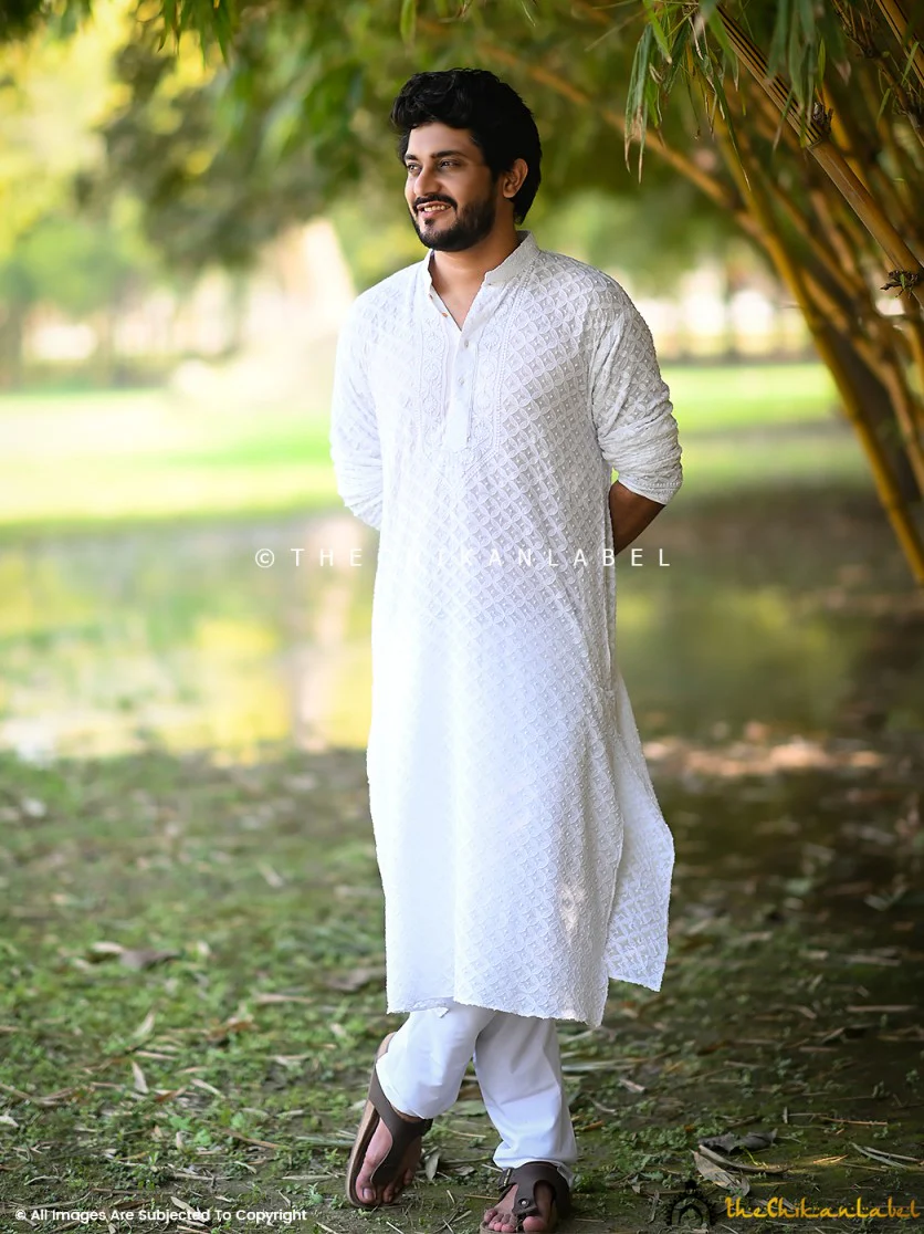 White Shaan Viscose Mens Chikankari Kurta - Image 4
