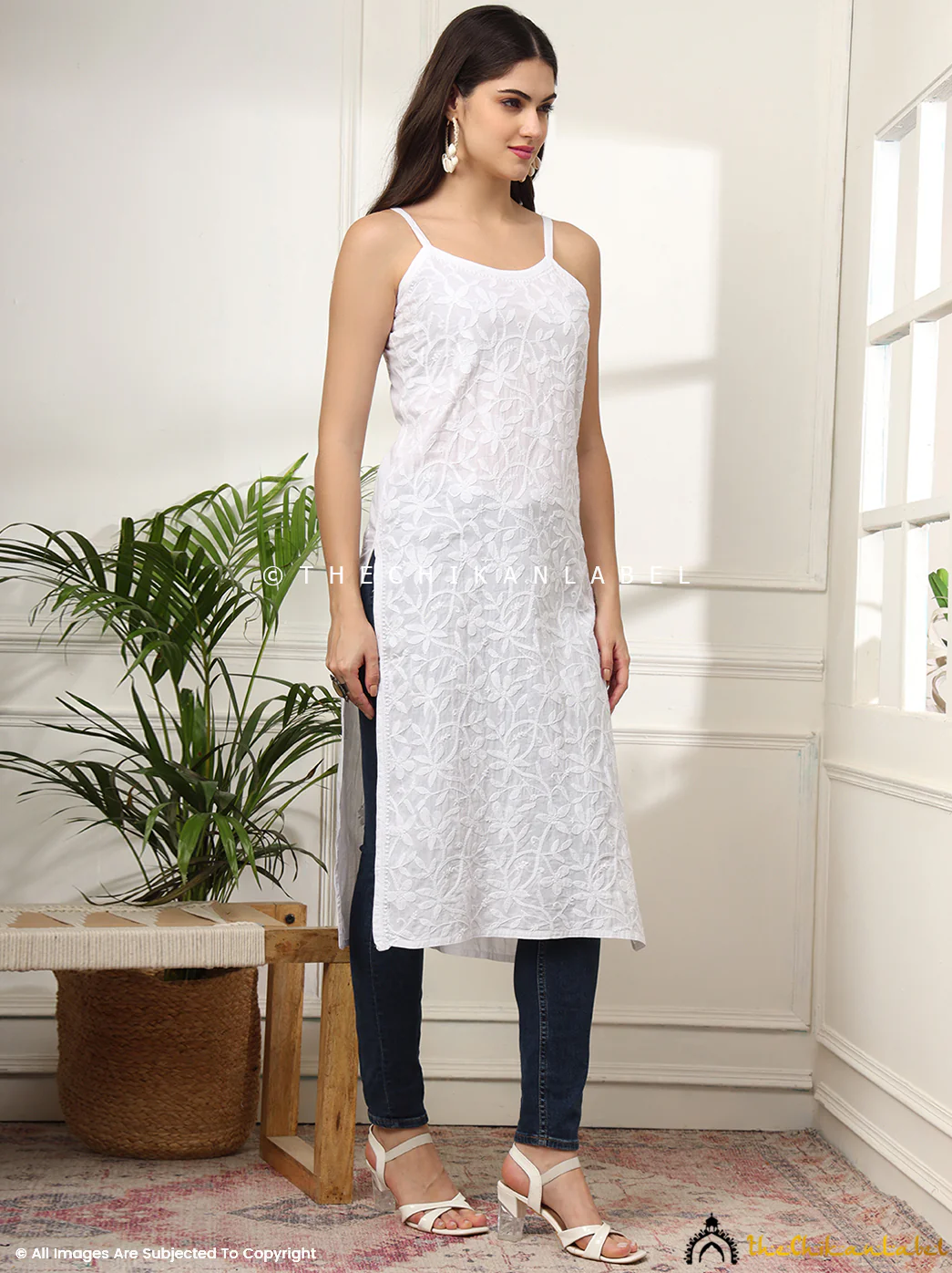 White Shaima Mulmul Chikankari Strappy Kurta - Image 4