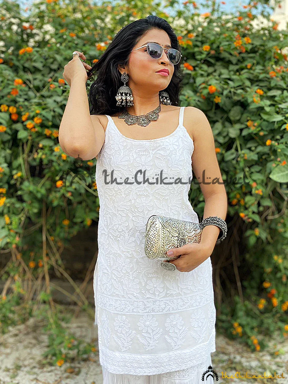 White Strappy Chikankari Kurti Lucknowi Chikan Kurta with Attached Inner - Image 2