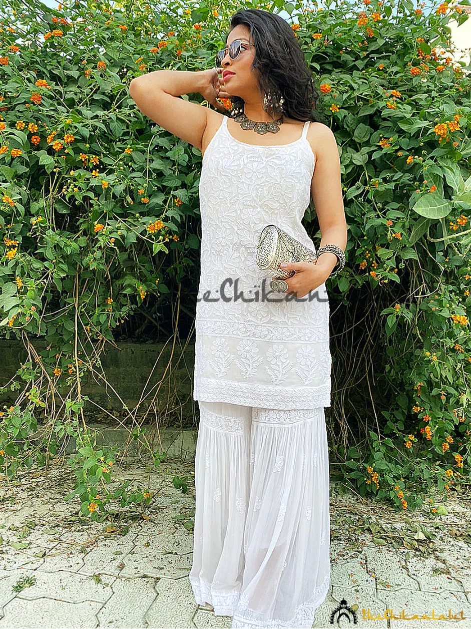 White Strappy Chikankari Kurti Lucknowi Chikan Kurta with Attached Inner - Image 3