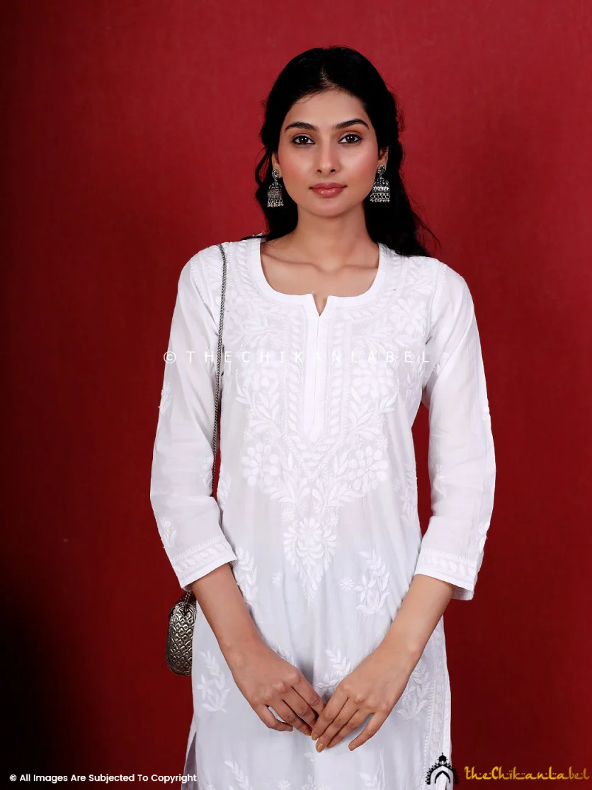 White Taibah Cotton Chikankari Straight Kurti - Image 2