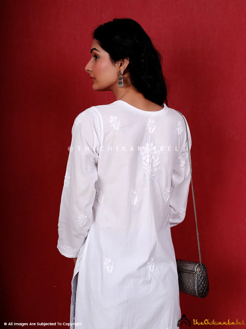 White Taibah Cotton Chikankari Straight Kurti - Image 3