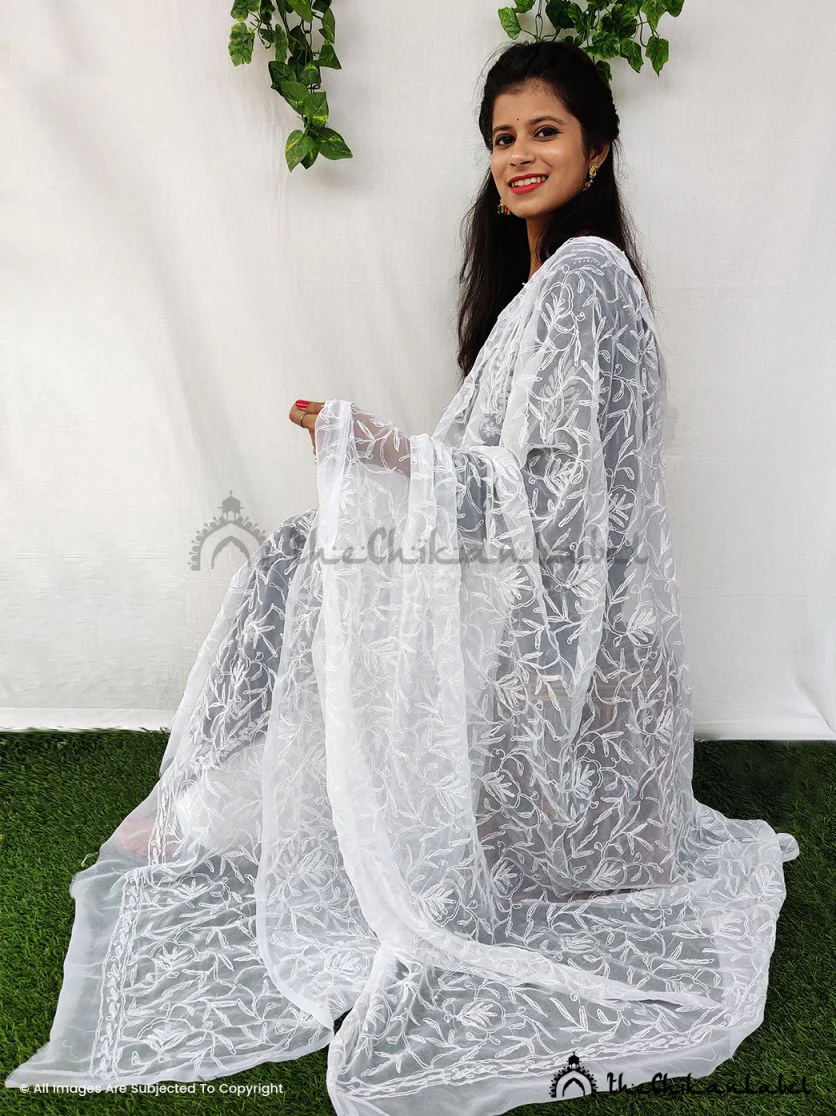 White Tepchi Georgette Chikankari Dupatta Lucknawi Chikan - Image 2