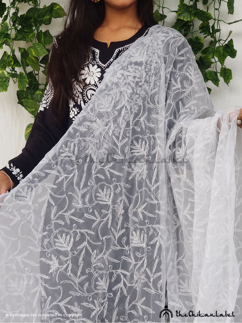White Tepchi Georgette Chikankari Dupatta Lucknawi Chikan - Image 4