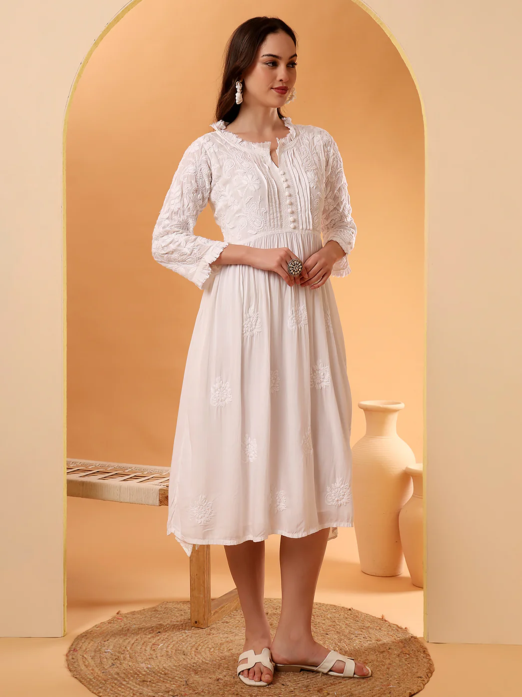 Titli Muslin Chikankari Tunic Dress - White - Image 4