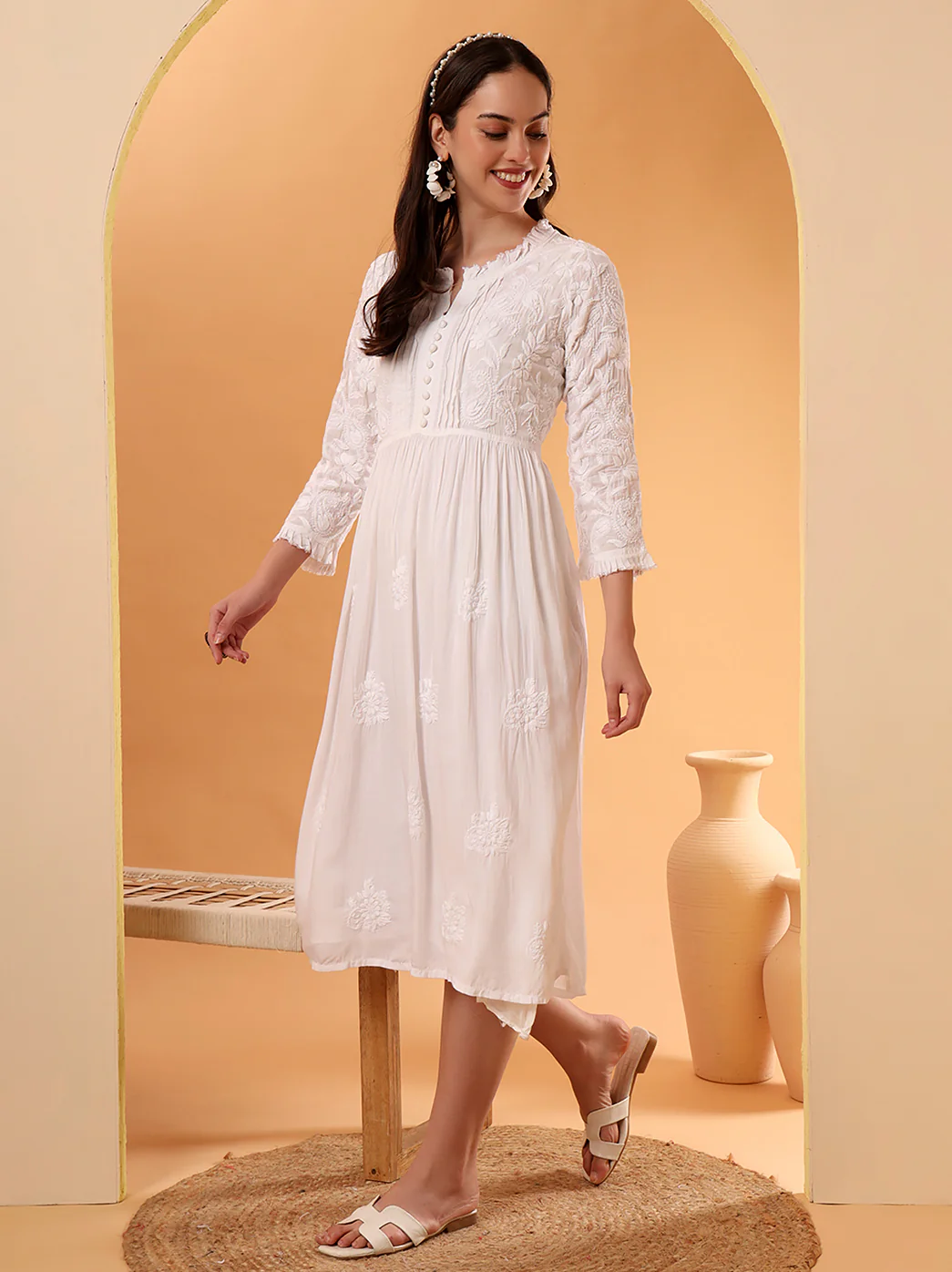 Titli Muslin Chikankari Tunic Dress - White - Image 6