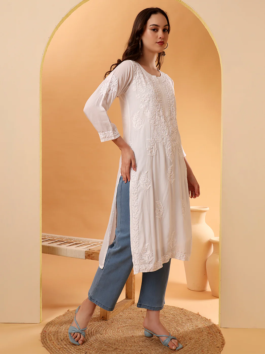 Tripti Modal Chikankari Straight Kurti - White - Image 3