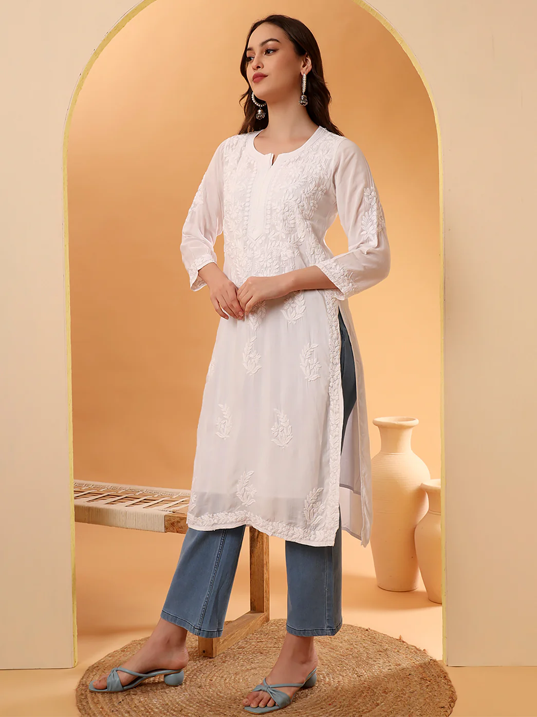 Tripti Modal Chikankari Straight Kurti - White - Image 4