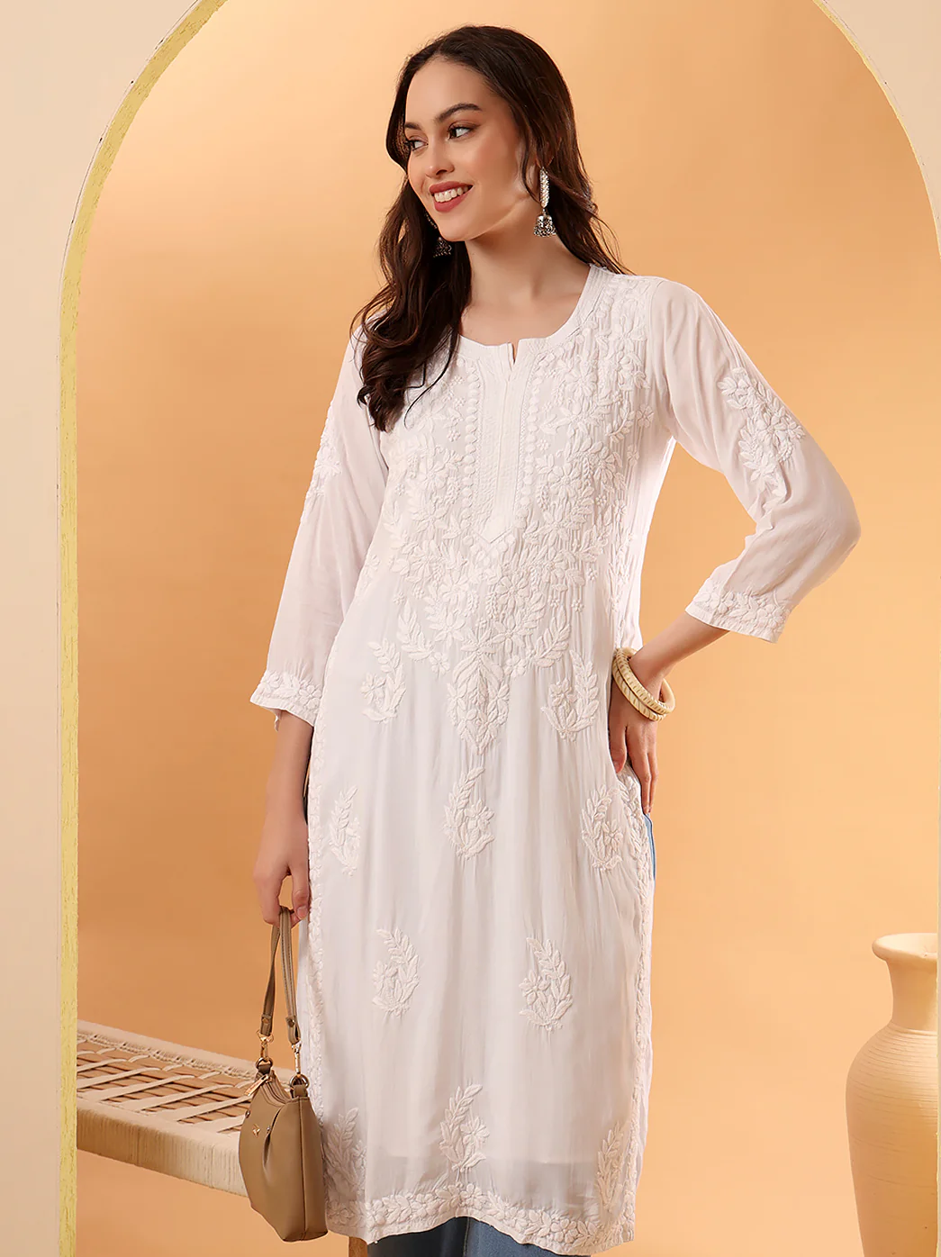 Tripti Modal Chikankari Straight Kurti - White - Image 5