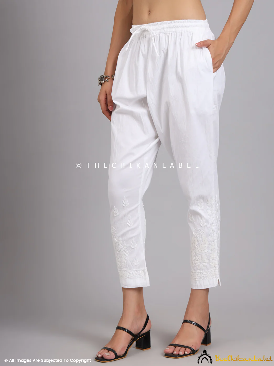 Umika Lycra Straight Chikankari Cigarette Pant - White - Image 3