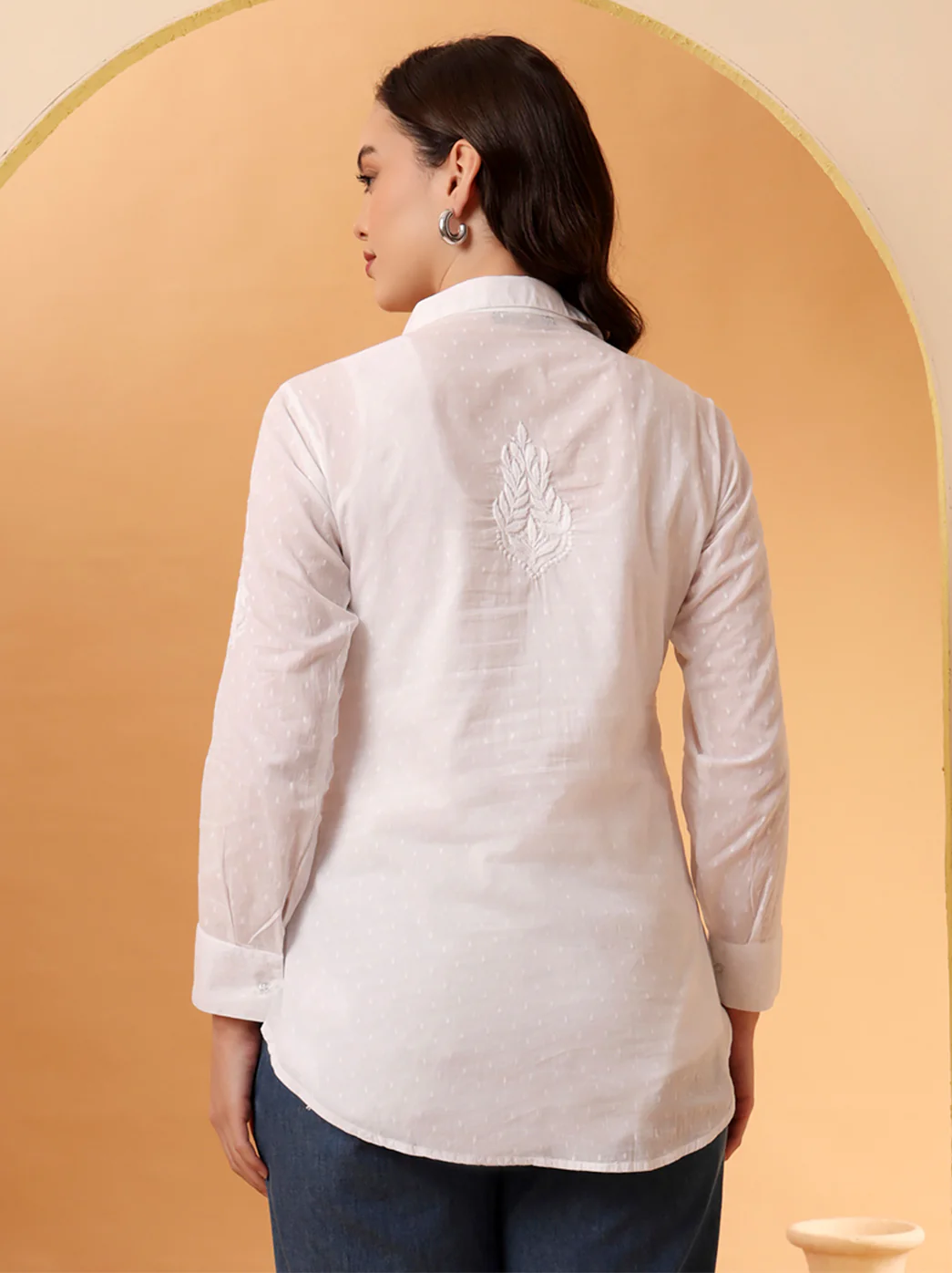 White Urvi Dobby Cotton Chikankari Tunic Shirt - Image 3