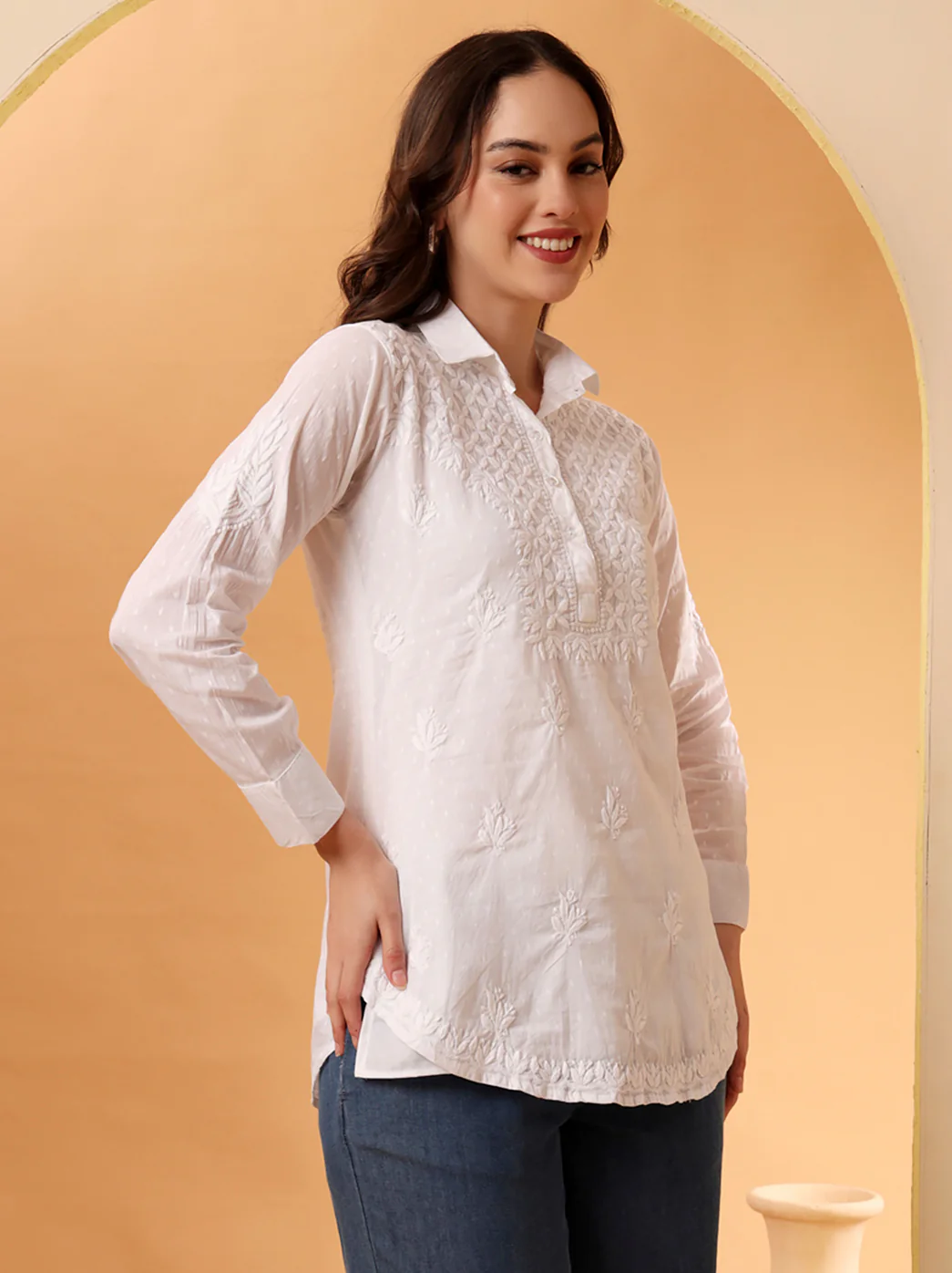 White Urvi Dobby Cotton Chikankari Tunic Shirt - Image 4