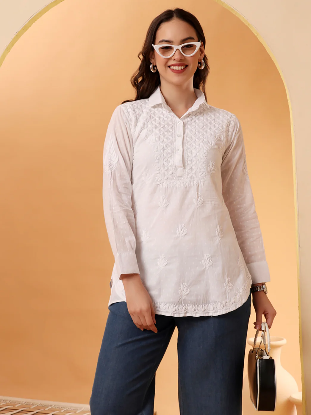 White Urvi Dobby Cotton Chikankari Tunic Shirt - Image 5