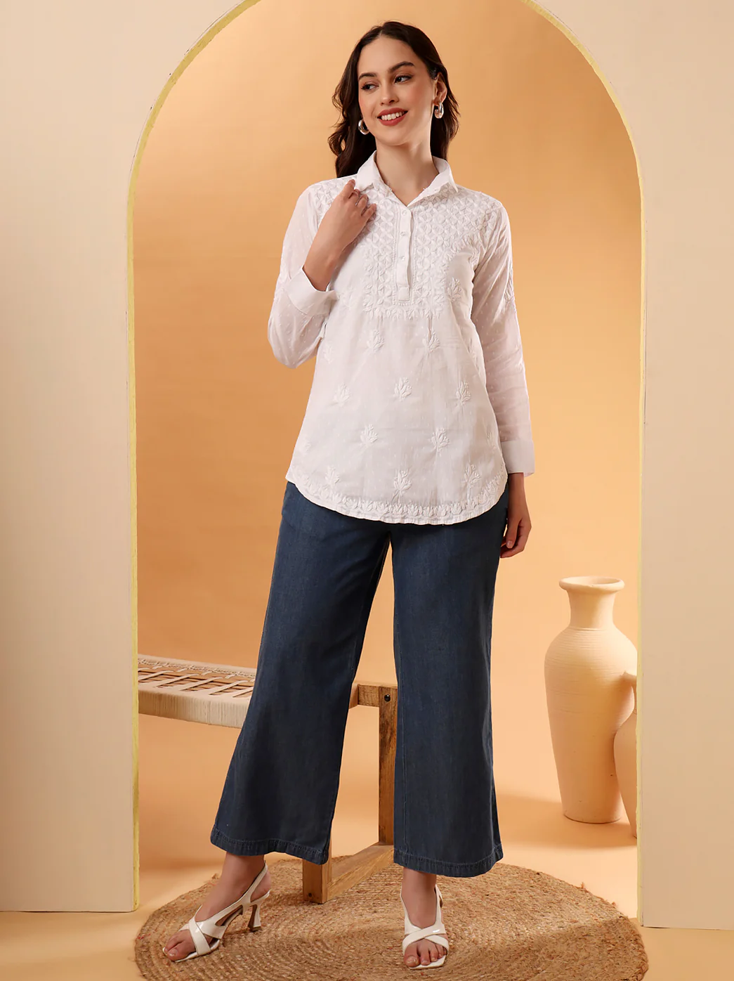 White Urvi Dobby Cotton Chikankari Tunic Shirt - Image 6