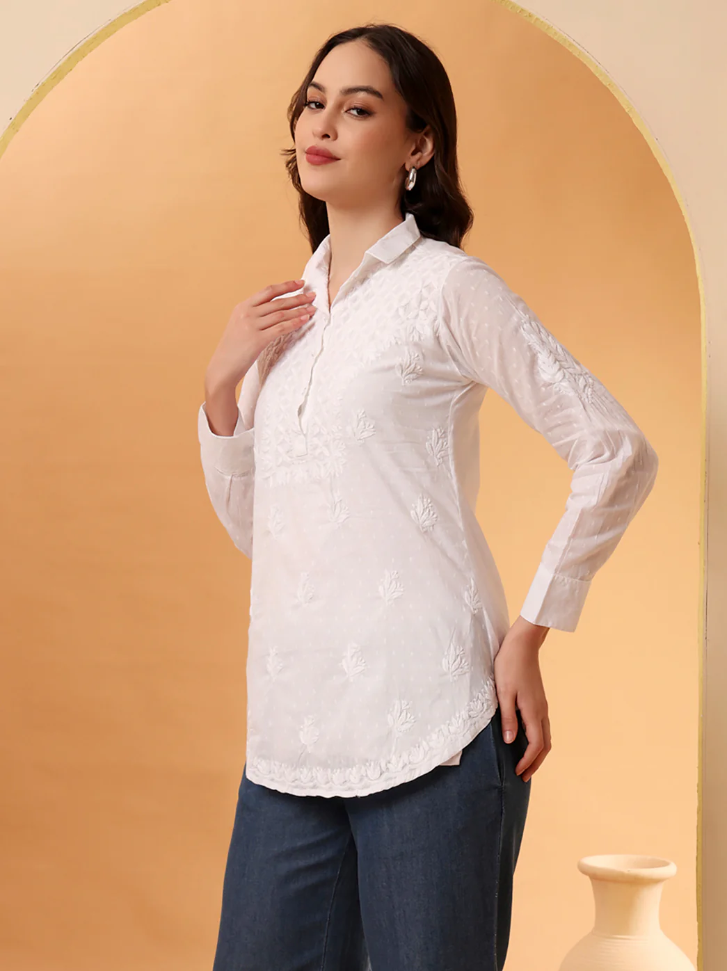 White Urvi Dobby Cotton Chikankari Tunic Shirt - Image 7