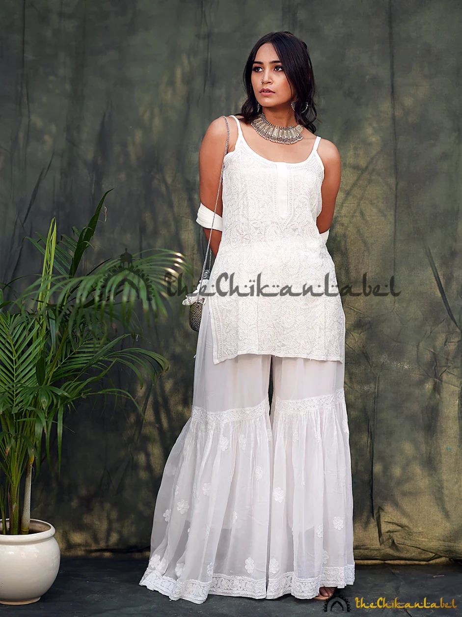 White Viscose Chikankari Strappy Kurta Garara Set with Dupatta - Image 3