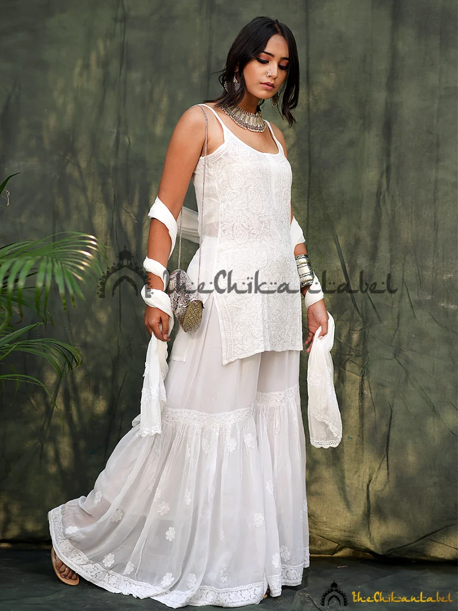 White Viscose Chikankari Strappy Kurta Garara Set with Dupatta - Image 4