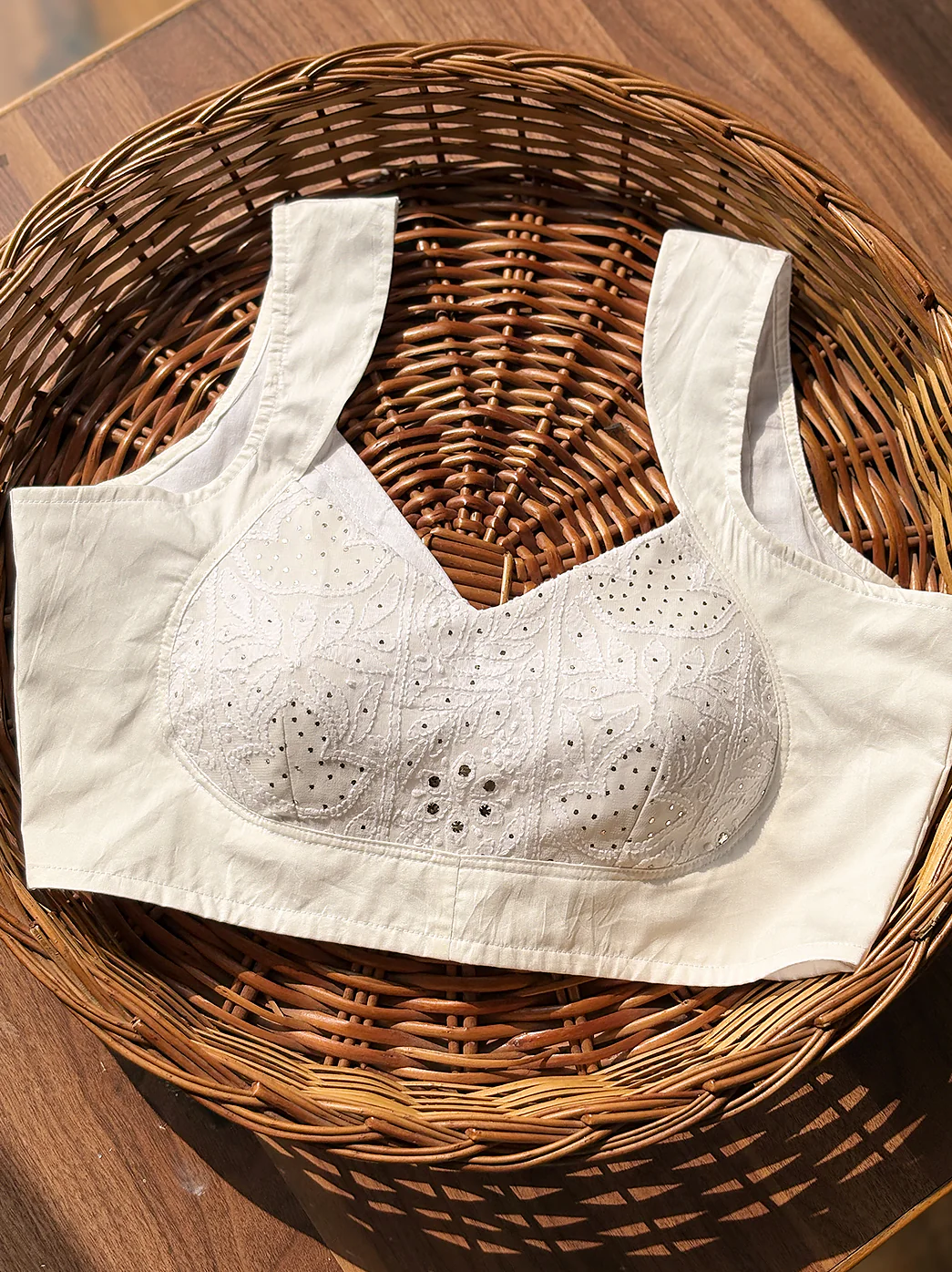 White Viscose Mukaish Handmade Chikankari Blouse - Image 2