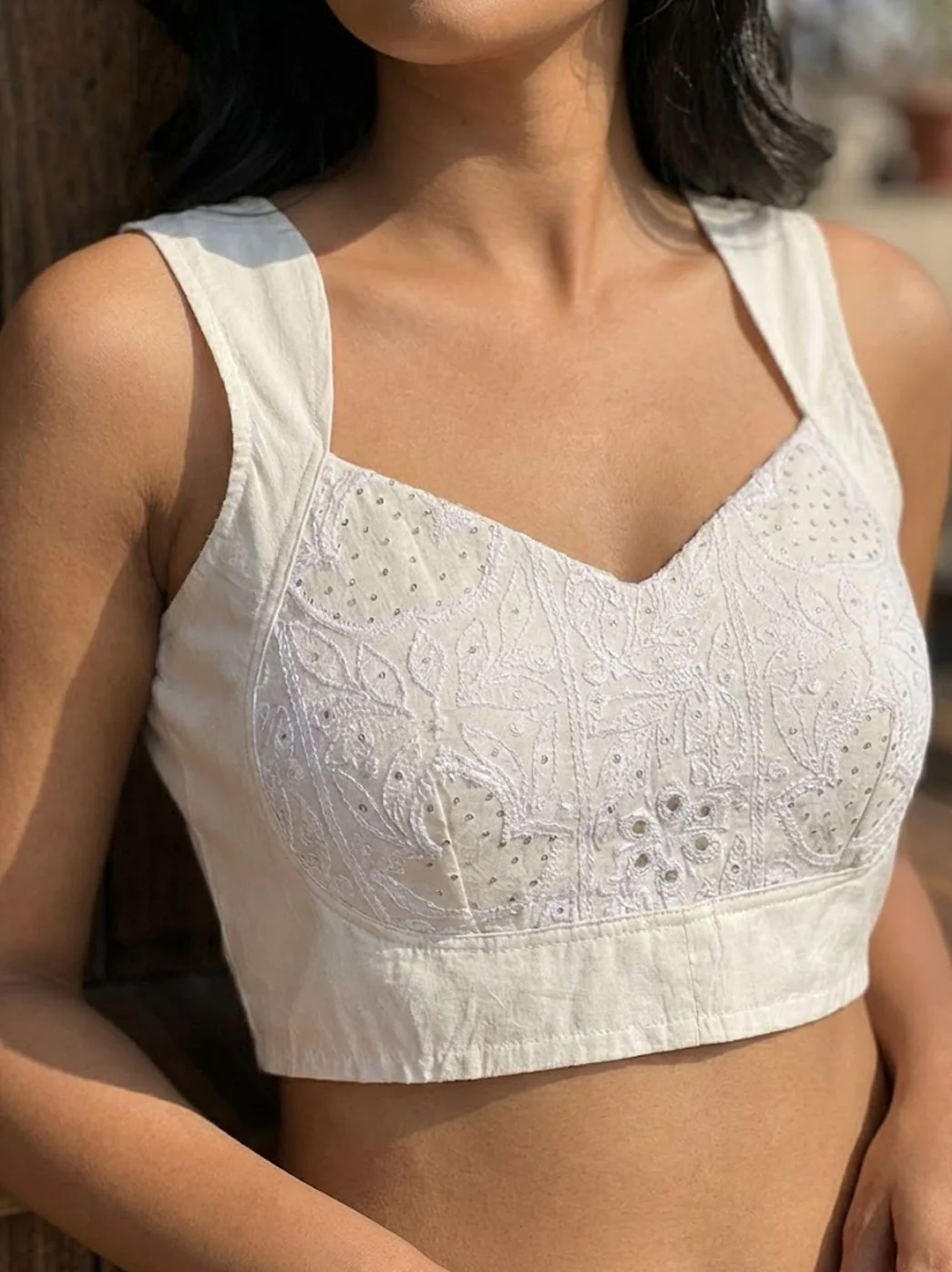 White Viscose Mukaish Handmade Chikankari Blouse - Image 5