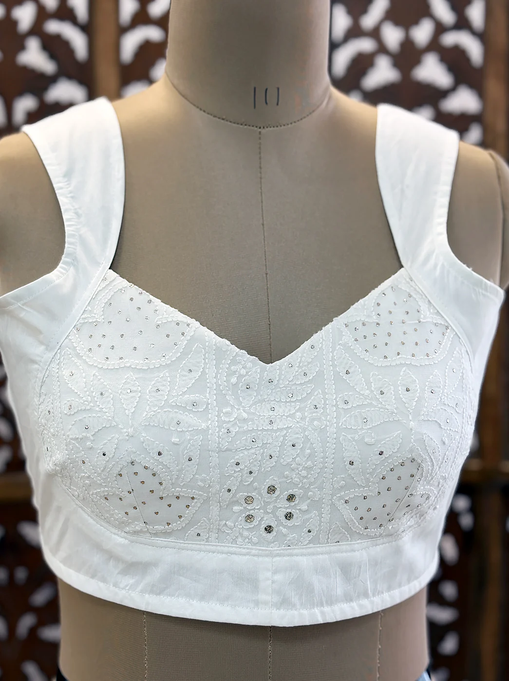 White Viscose Mukaish Handmade Chikankari Blouse - Image 7