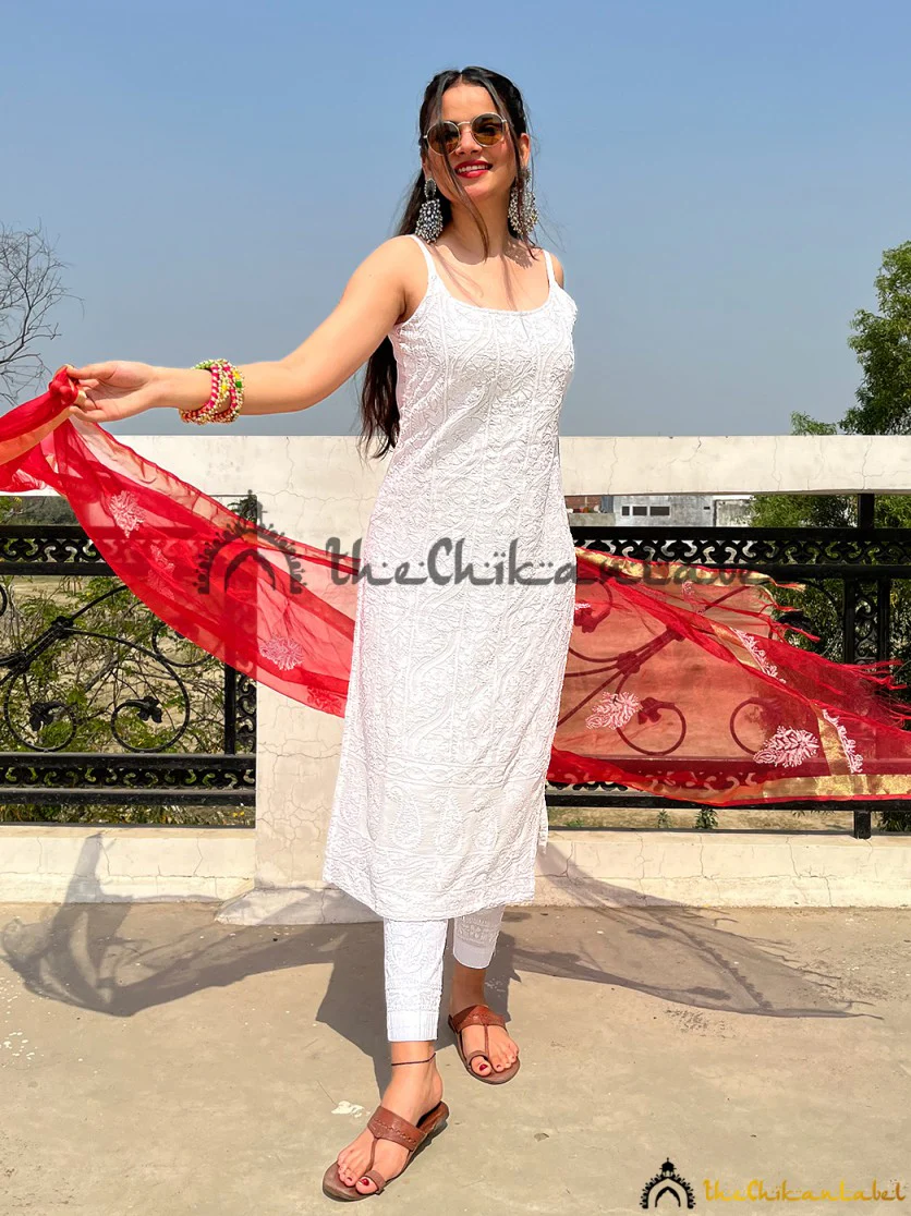 White Viscose Strappy Chikankari Kurta Lucknow Chikankari - Image 2