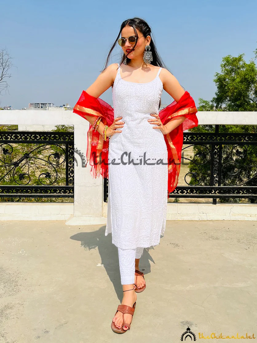 White Viscose Strappy Chikankari Kurta Lucknow Chikankari - Image 4