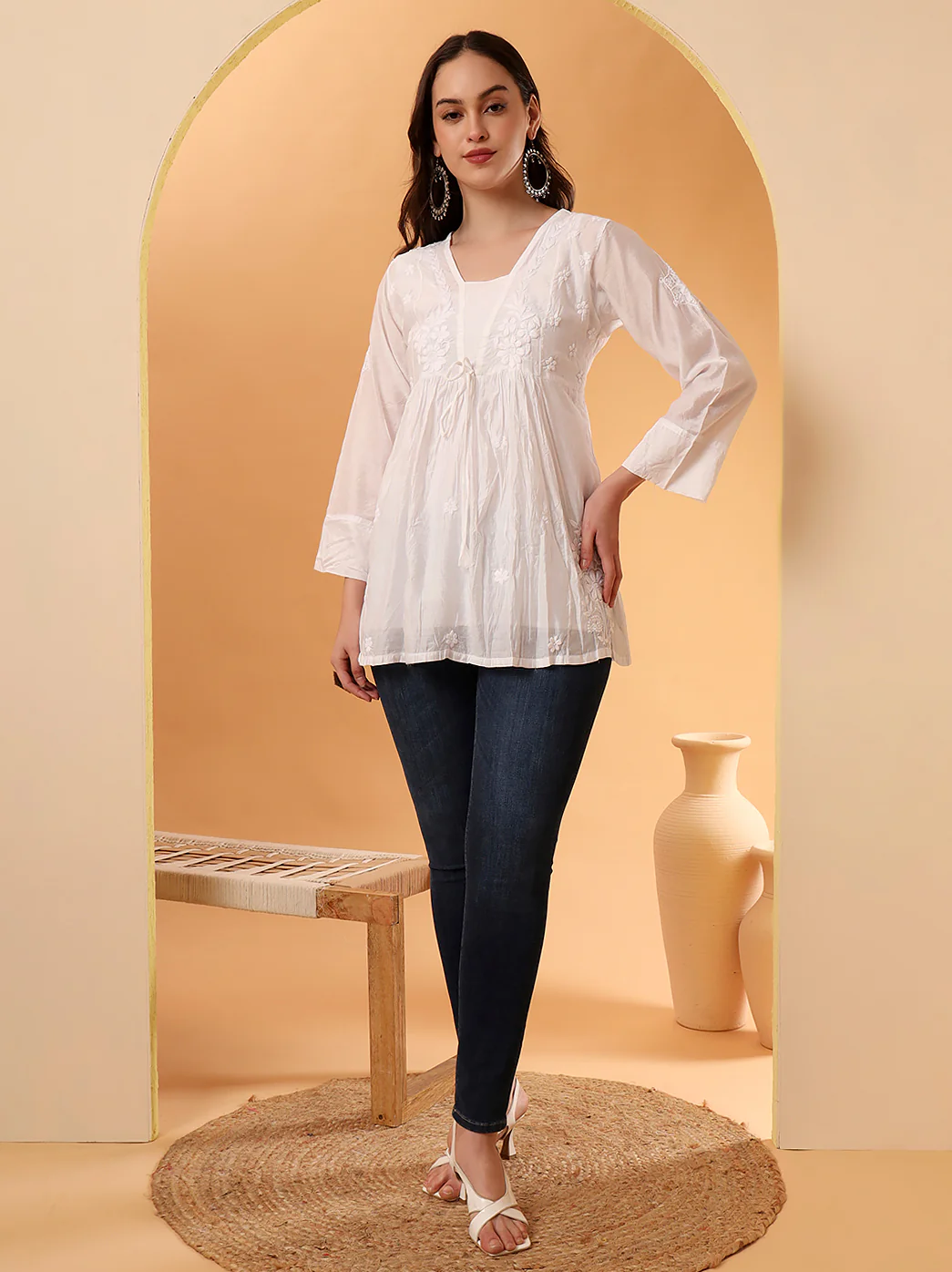 Yashita Chanderi Chikankari Short Top - White - Image 4