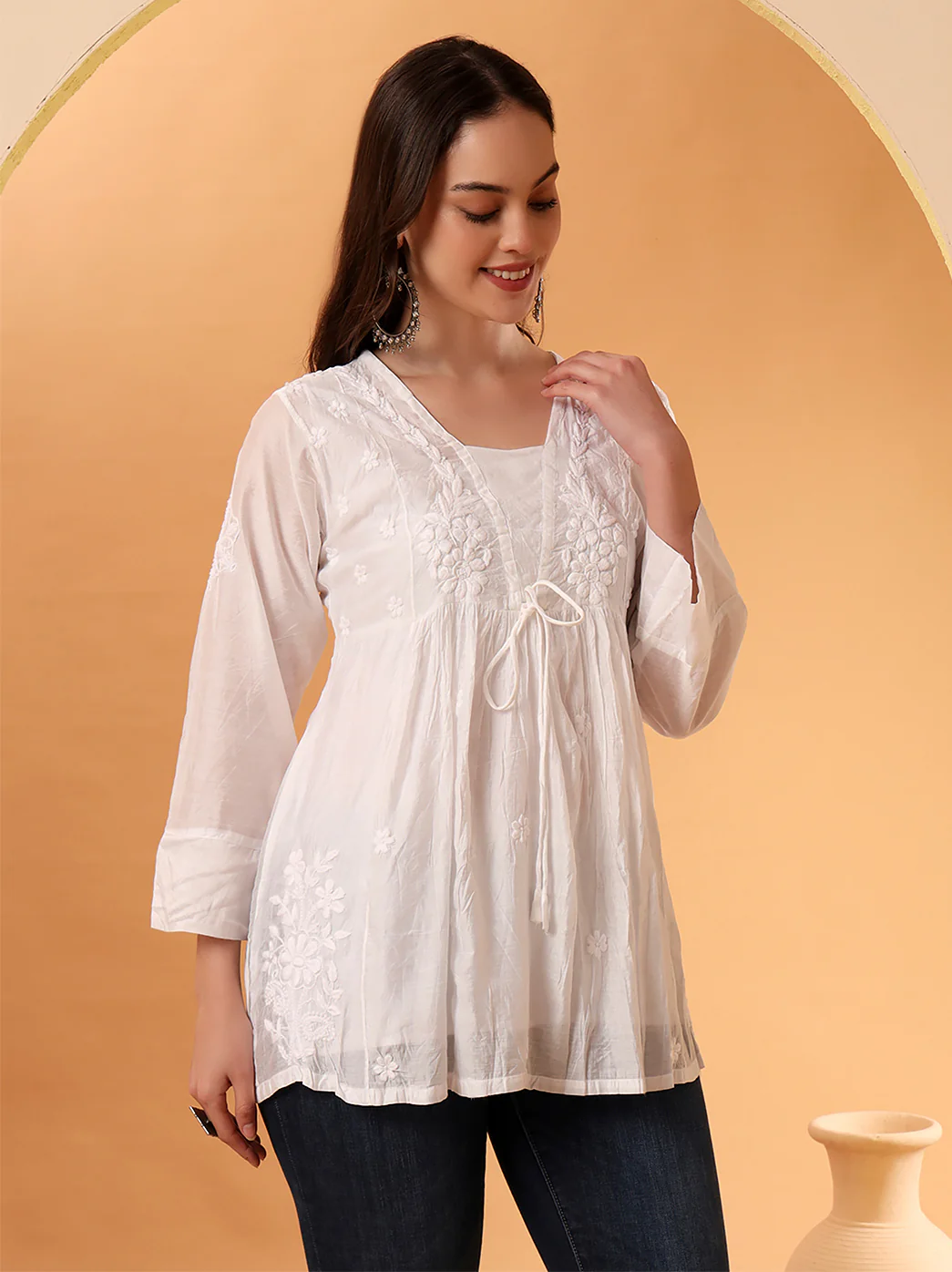 Yashita Chanderi Chikankari Short Top - White - Image 6