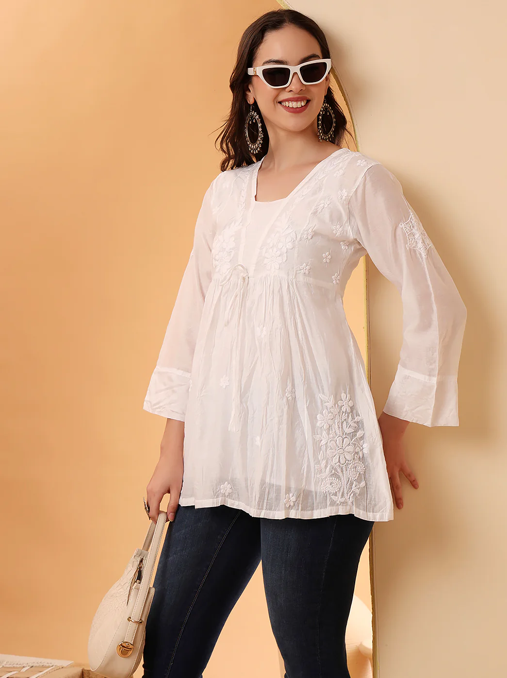 Yashita Chanderi Chikankari Short Top - White - Image 7