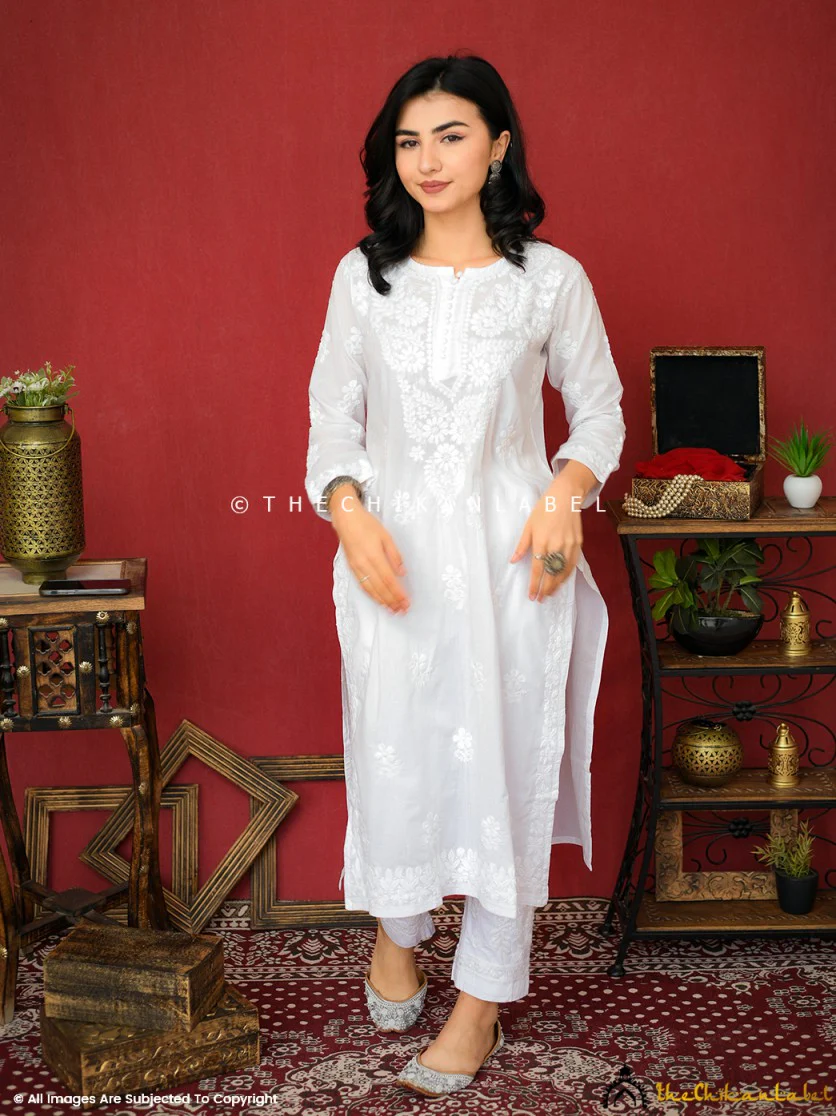 White Yukta Cotton Chikankari Straight Kurti - Image 3