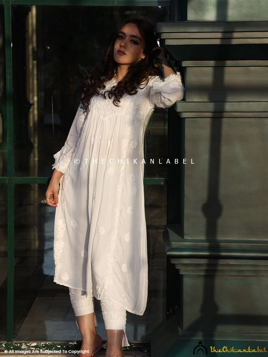 White Zahrah Muslin Chikankari Tunic Dress - Image 10