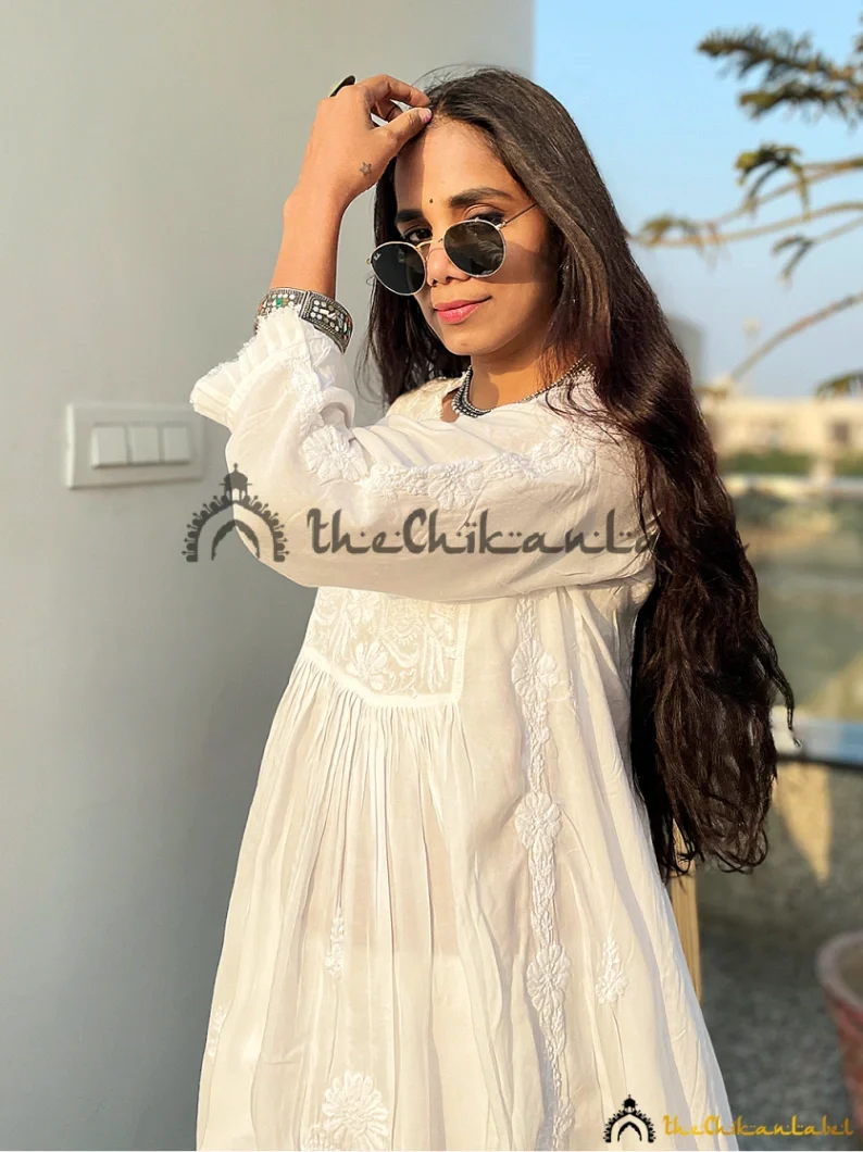 White Zahrah Muslin Chikankari Tunic Dress - Image 11
