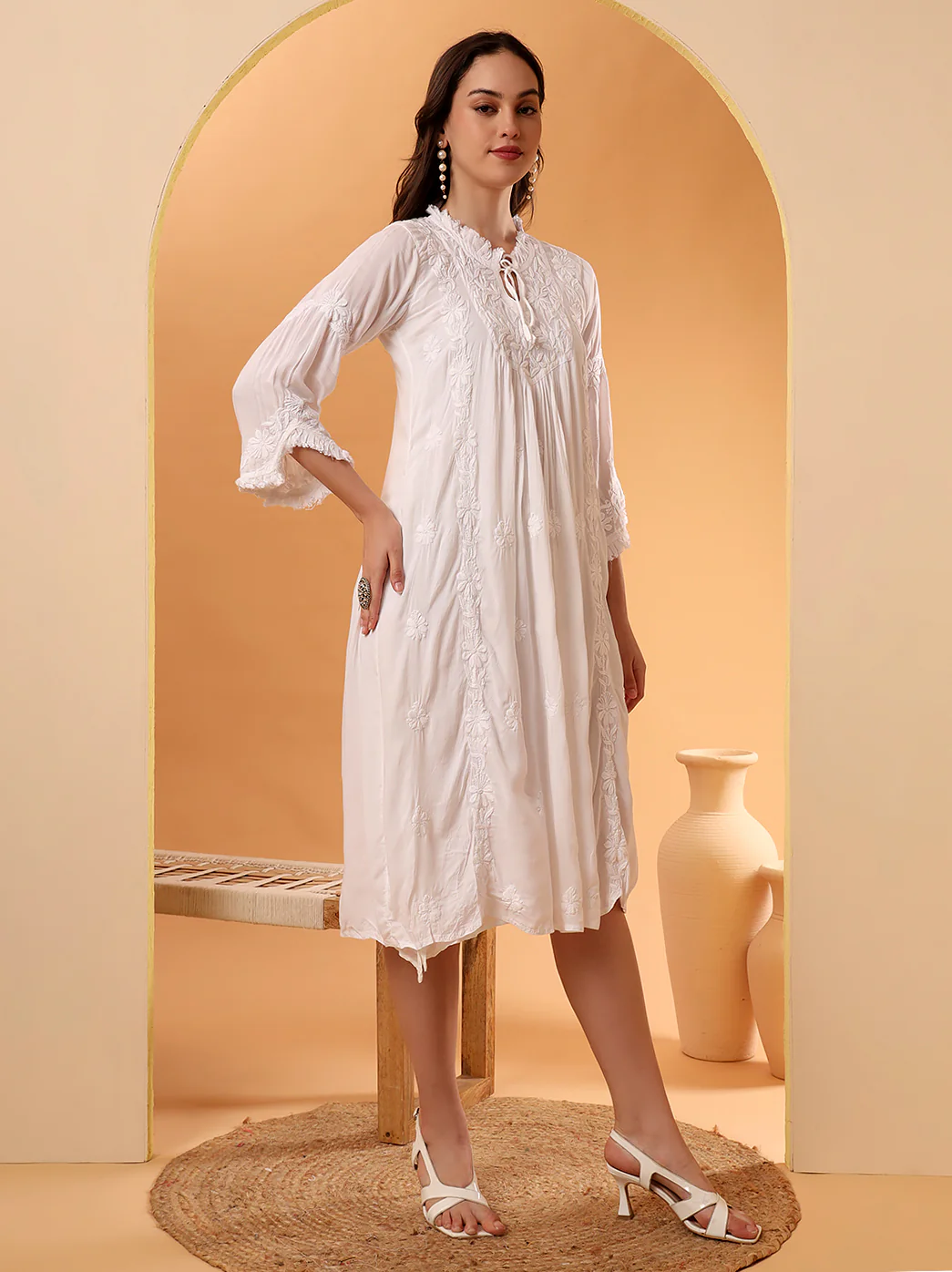 White Zahrah Muslin Chikankari Tunic Dress - Image 3