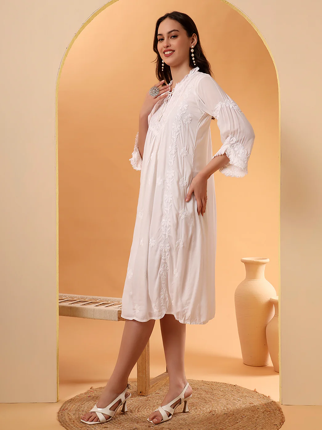 White Zahrah Muslin Chikankari Tunic Dress - Image 4