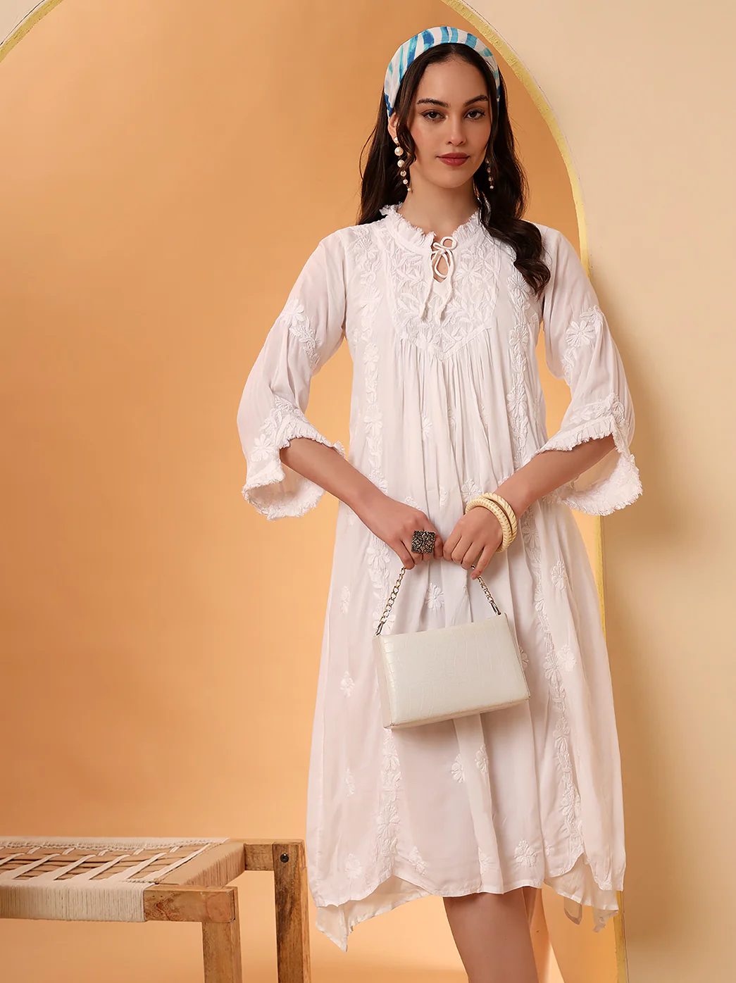 White Zahrah Muslin Chikankari Tunic Dress - Image 7