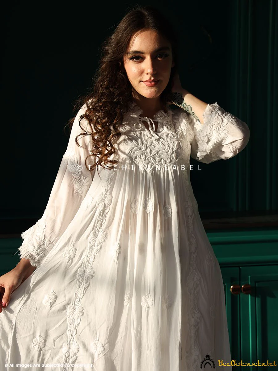White Zahrah Muslin Chikankari Tunic Dress - Image 8