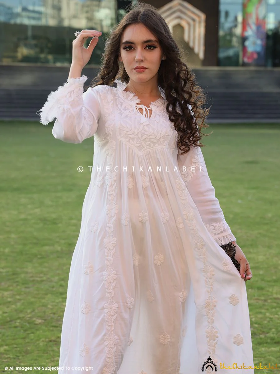White Zahrah Muslin Chikankari Tunic Dress - Image 9
