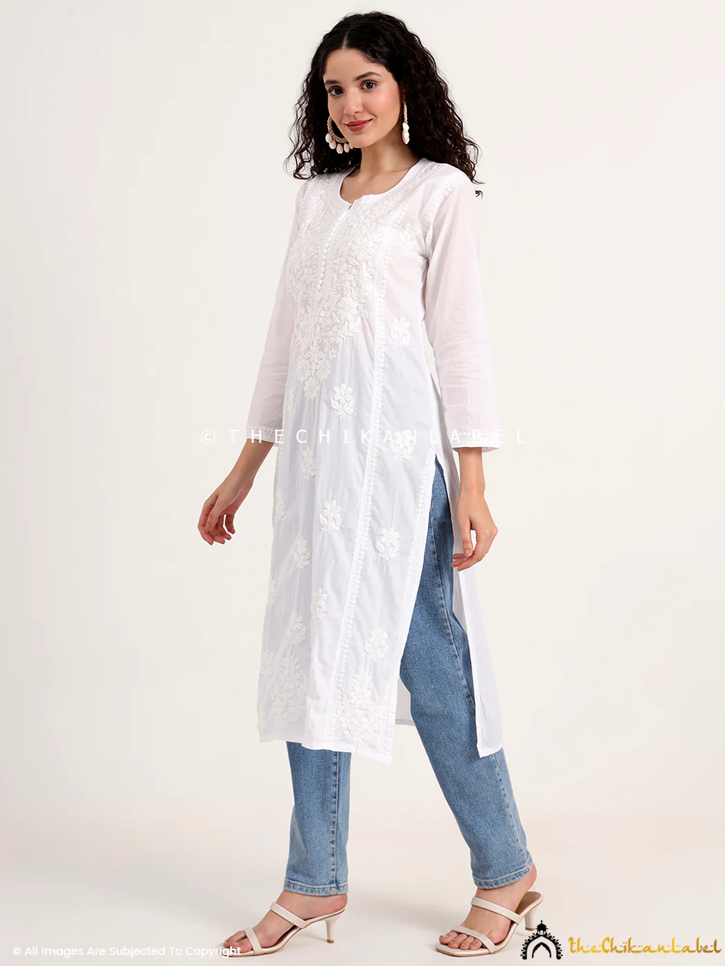 White Zikra Cotton Chikankari Straight Kurti - Image 4