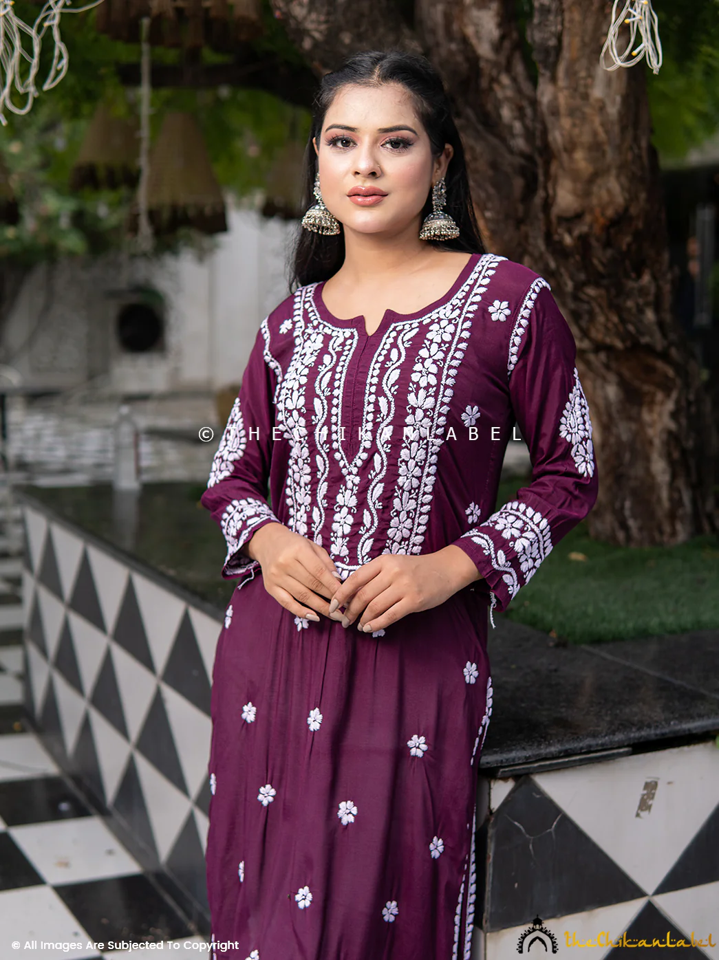 Amara Muslin Chikankari Straight Kurti - Wine - Image 2